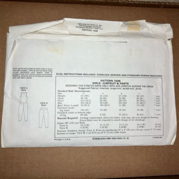 KWIK SEW #1598 - GIRLS SUMMER DROPPED WAIST JUMPSUIT YOKED PANTS SEWING PATTERN - Picture 2 of 2